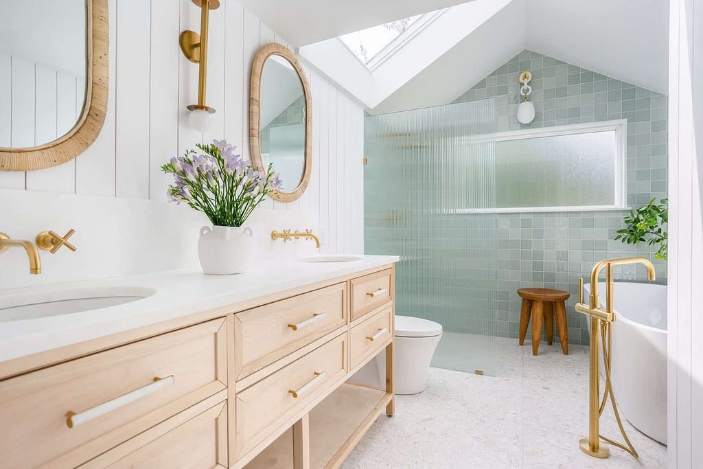 Luxury marble shower remodel Monmouth County NJ with frameless glass enclosure