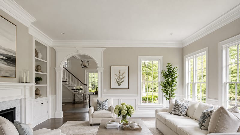 Crown molding installers completed custom crown molding and architectural trim in a Monmouth County, NJ living room