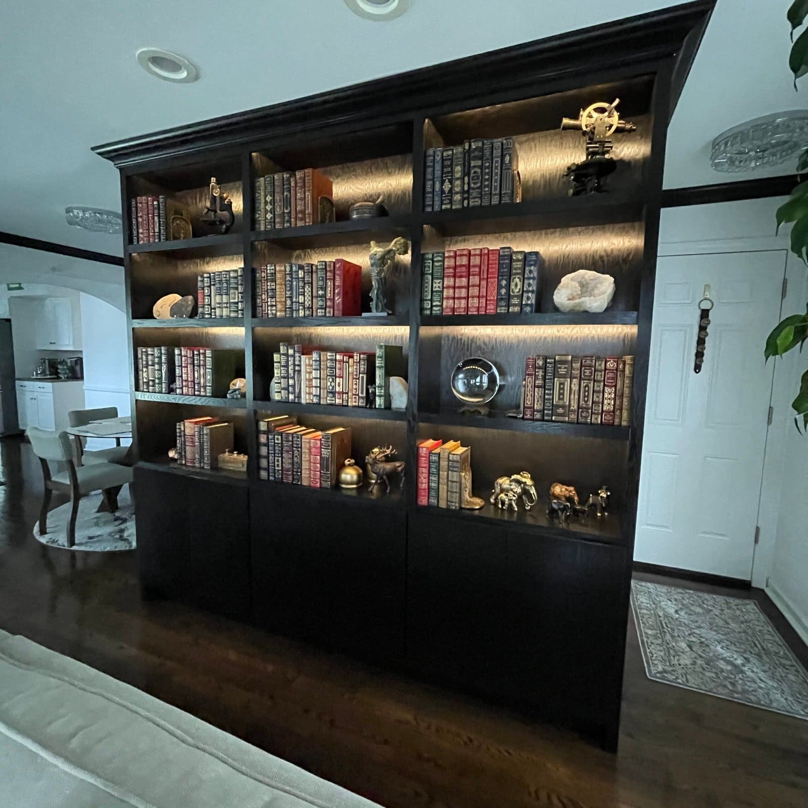 Custom black built-in bookcases with illuminated shelves in a Monmouth County NJ home