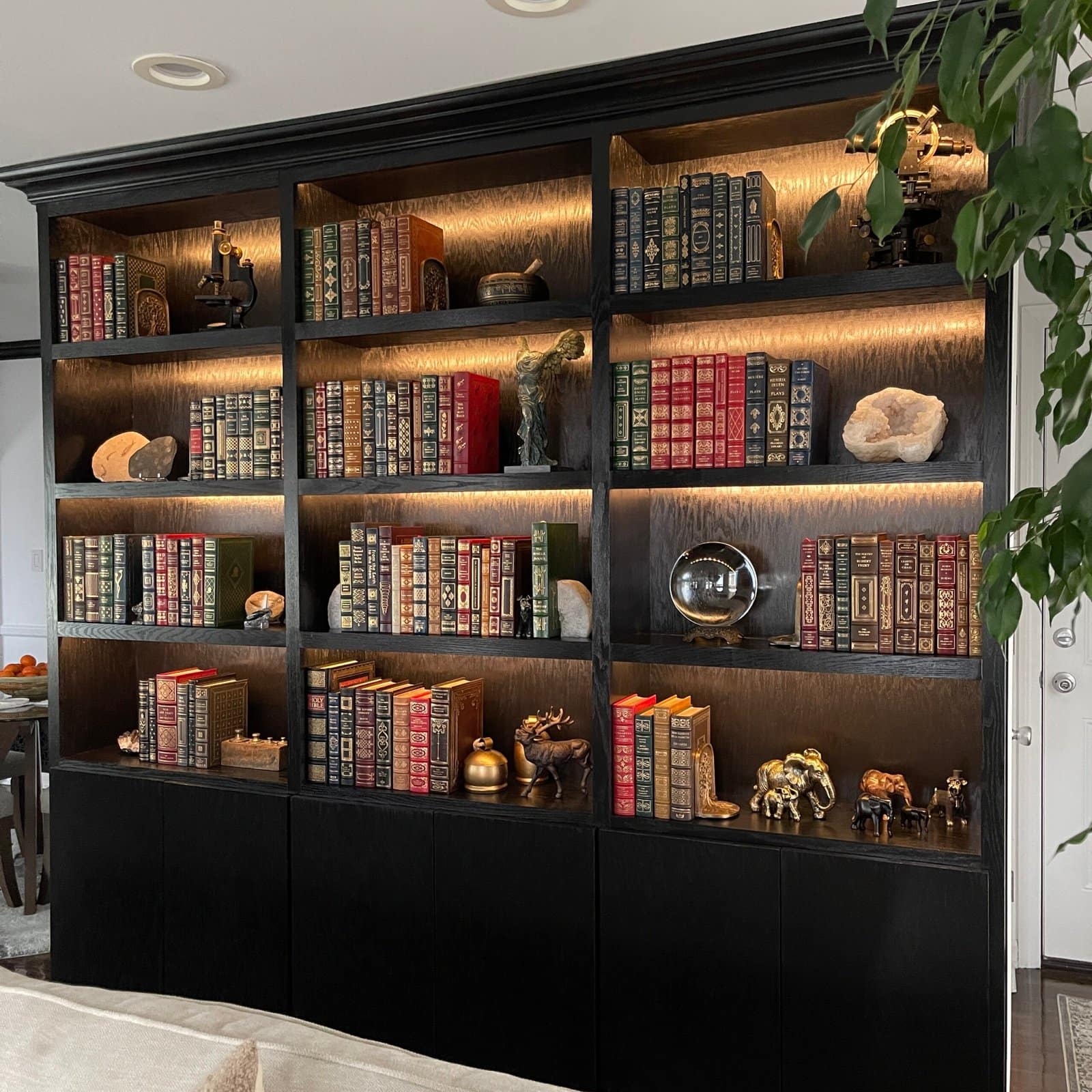 Black illuminated custom built-in bookcases installed by Crown Molding NJ