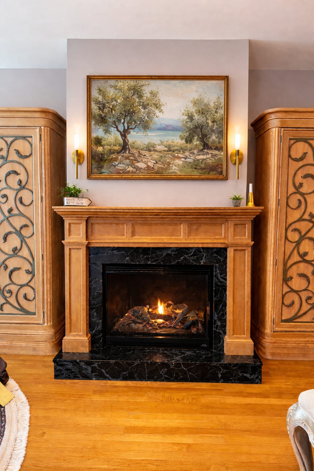 Completed custom wood fireplace mantel installed by Crown Molding NJ