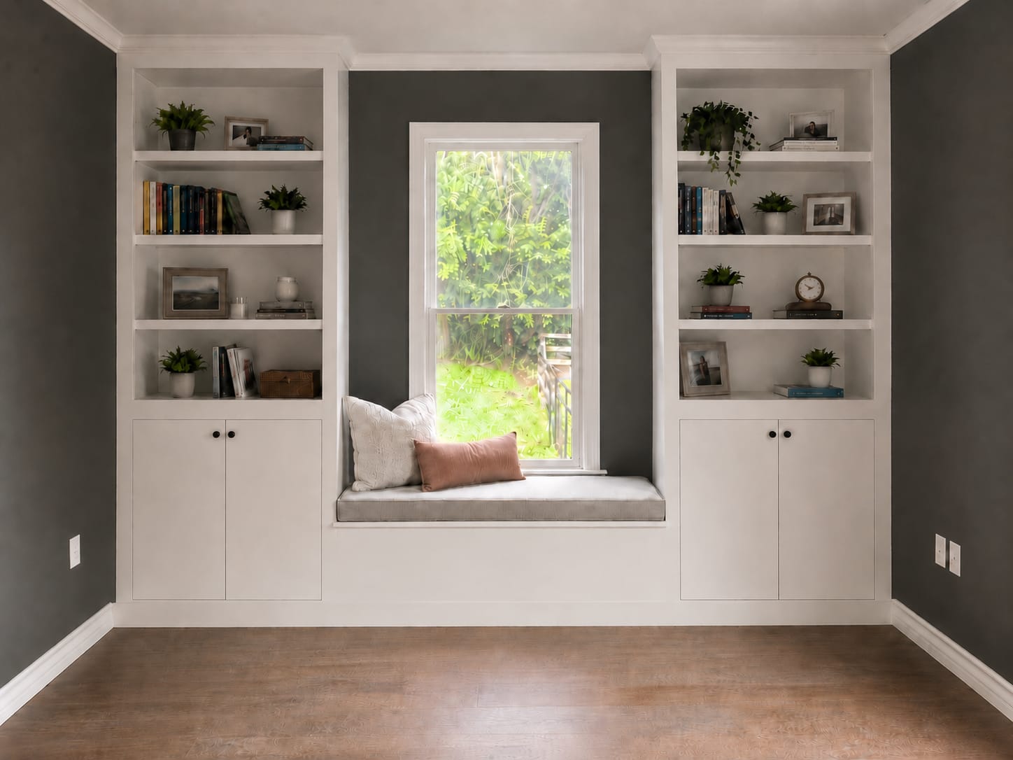 Custom built-in bookcases and window seat designed for a Monmouth County NJ home