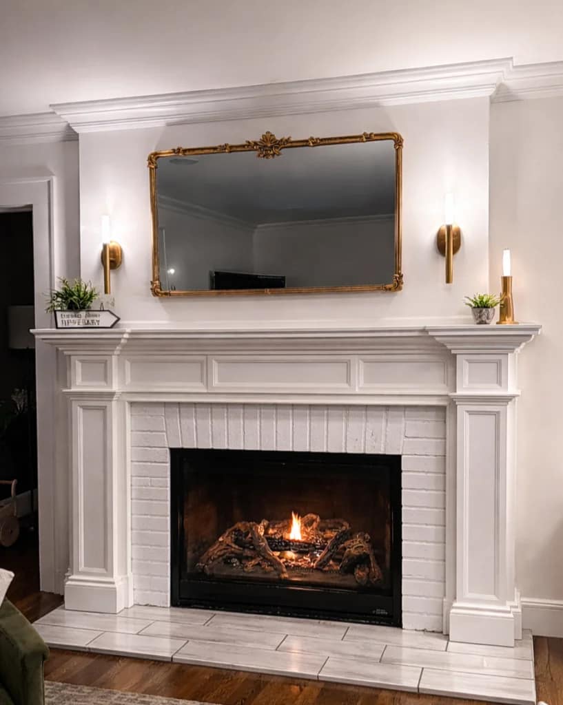 Completed custom white fireplace mantel installed in a Monmouth County NJ home